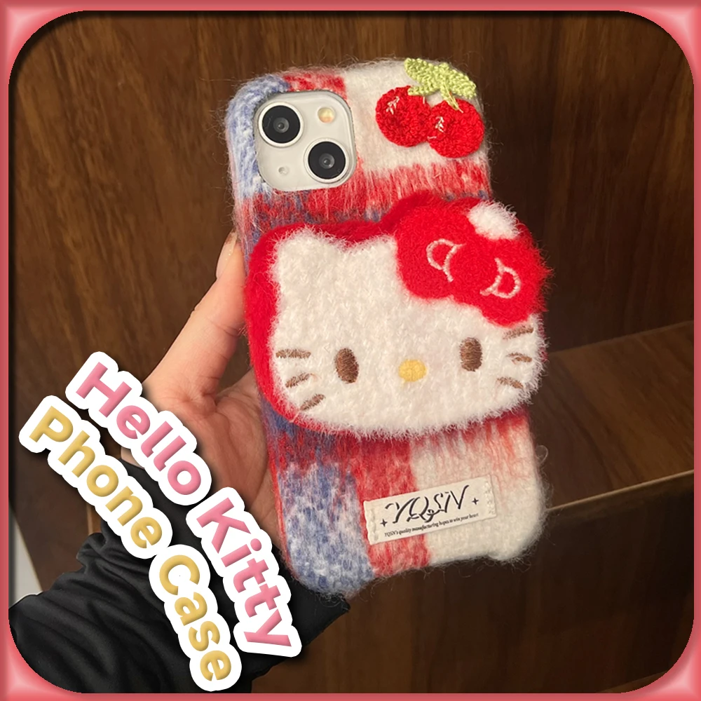 Kawaii Cherry Hello Kitty Plush 3D Doll Plaid Case for IPhone 16 15 14 13 Pro Max Sanrio Anime Fashion Creative Protective Cover