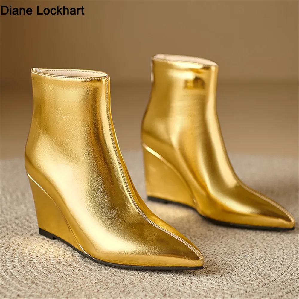 Winter Women Pointed Toe Booties Gold Silver Ankle Boots Footwear Platform High Heels Zip Wedges Shoes Woman Bota Feminina Botte