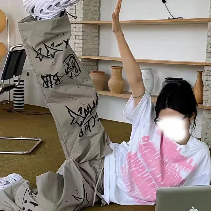 

American Streetwear Cargo Pants New Hand Painted Graffiti Pants Drawstring Design Wide Leg Trousers Straight Leg Chic Slack Y2k