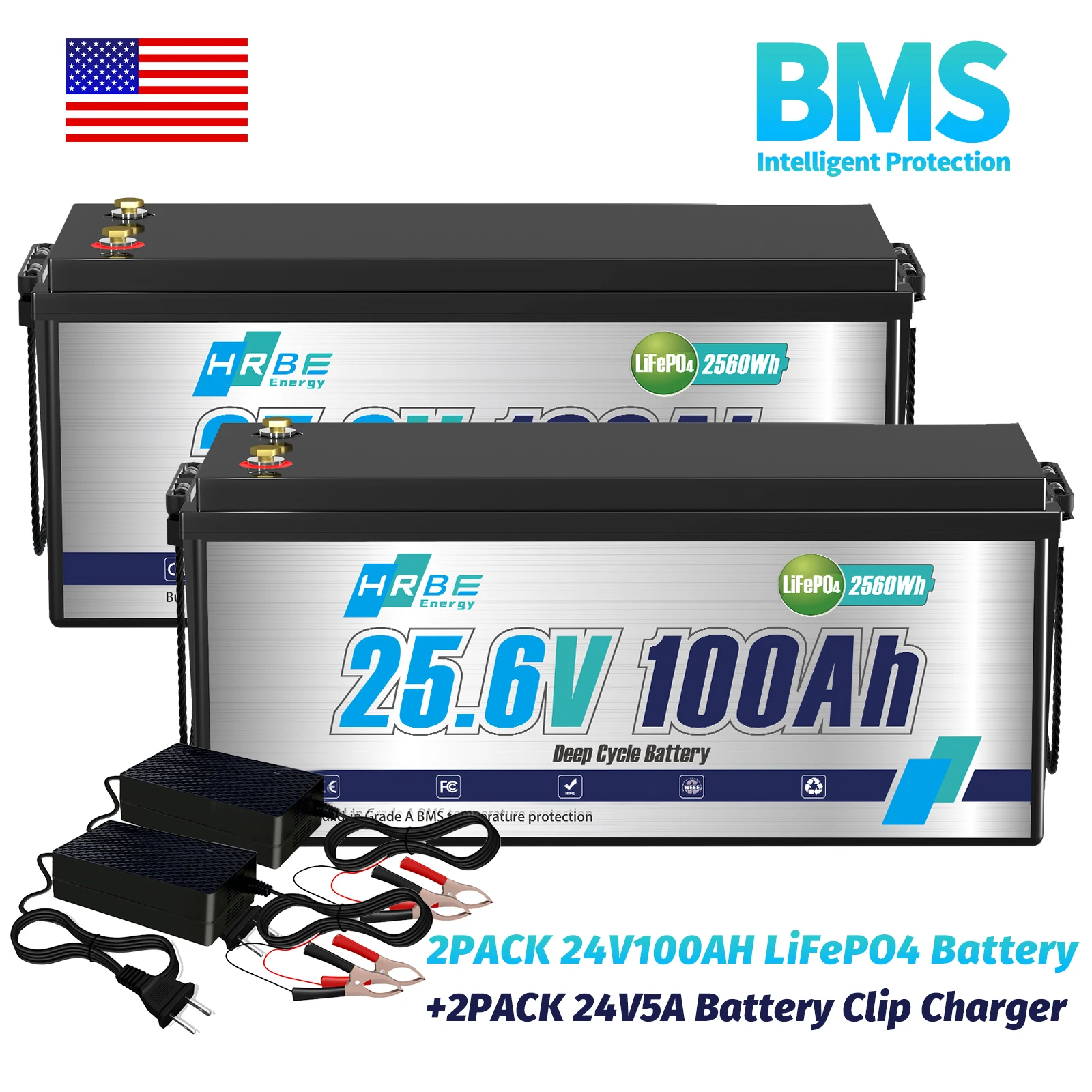 

24V 100Ah LiFePO4 Lithium Battery,Built-in 100A BMS,6000+ Deep Cycles Rechargeable Battery, Max. 2560W Load Power, for RV/Camper