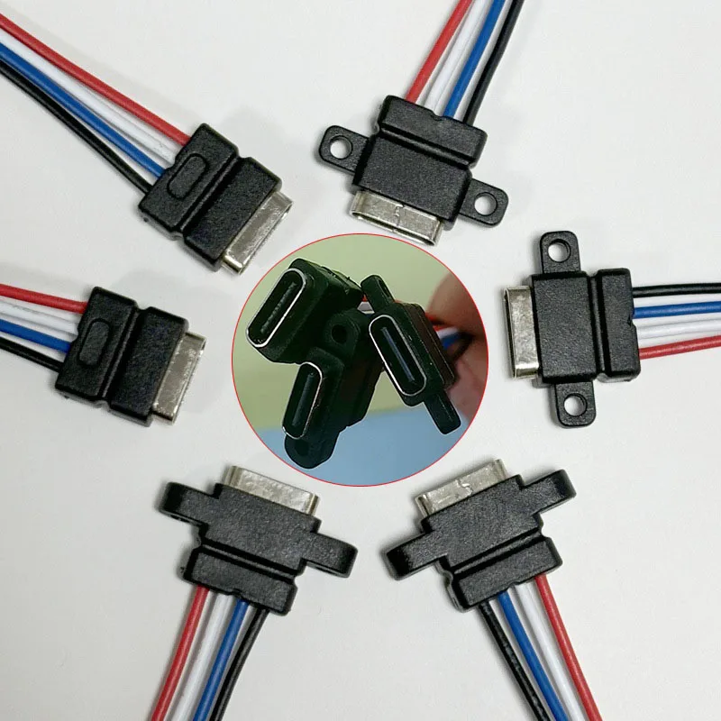 1/5PCS TYPE-C 4P Waterproof Injection Molding With Data USB Female Seat Extension Cable About 60MM With Fixing Hole