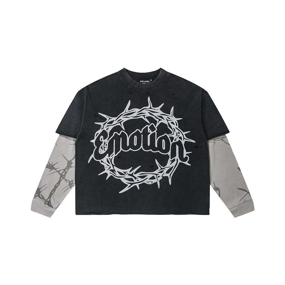

Mixed Emotion Washed Printed Splicing Long Sleeve Tshirts Mens Cotton Loose Autumn Top Tees Oversized Unisex T-shirt