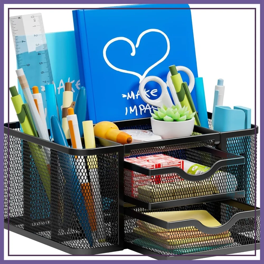 

Mesh Desk Organizer with 2 Drawer, Multi-Functional Pencil Holder, 5 Compartments for Office Art Supplies