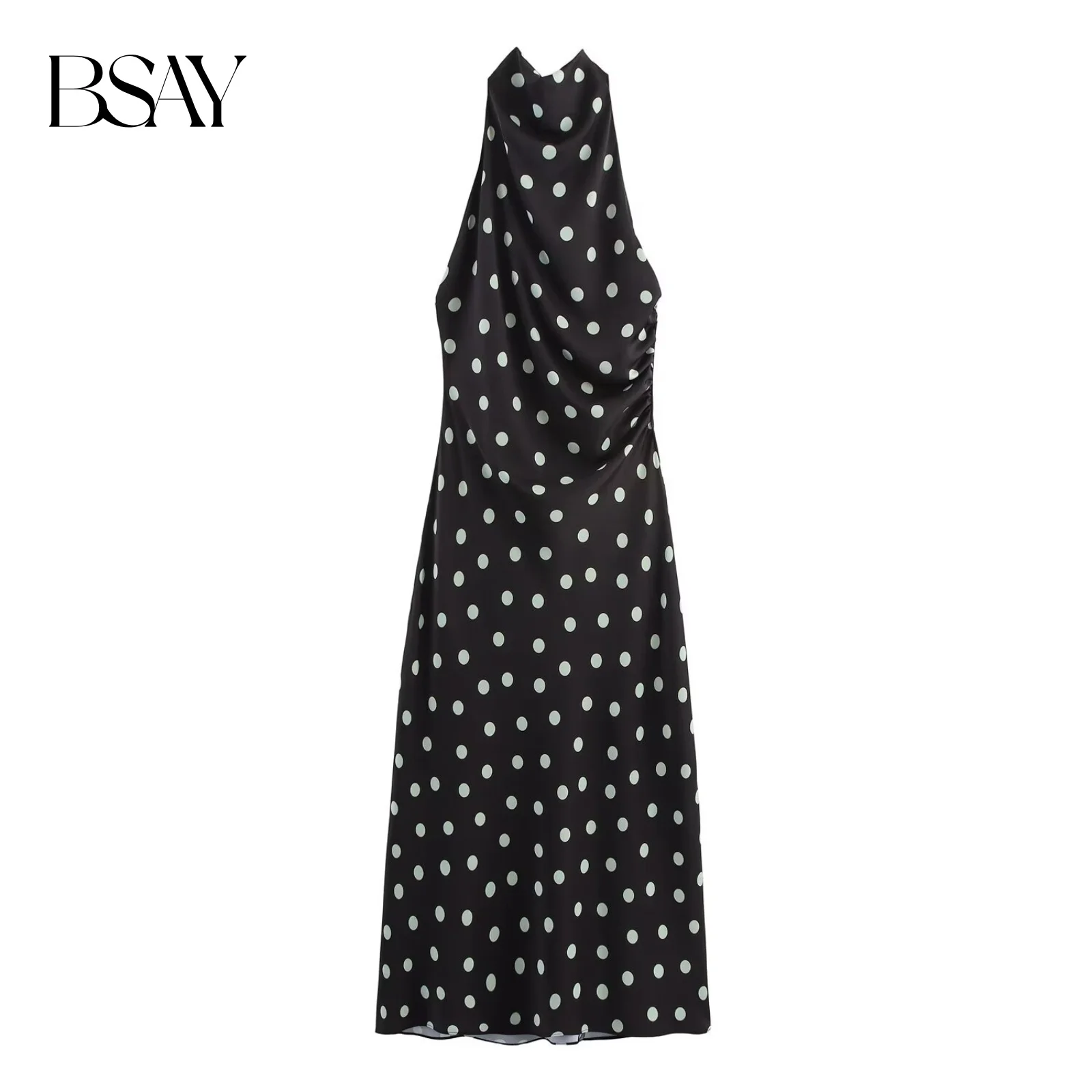 BSAY plissiertes rückenfreies Design Herbst neuer Artikel 2025, Damen-MIDI-Kleid mit hängendem Hals, Mondmuster, Seidenstruktur, französisches Abendkleid