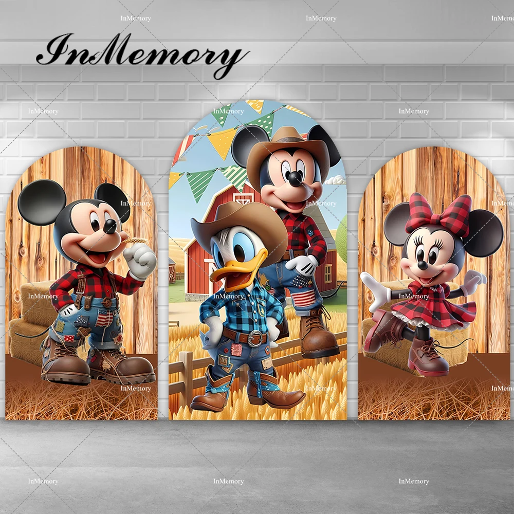 Cartoon Mickey Minnie Cowboy Cowgirl Birthday Party Arch Backdrop Cover Retro Horse Stable Barn Farm Backgrounds Double Side