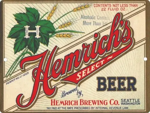 Hemrich's Select Beer Sign Metal Reproduction Signs Label Vintage Seattle