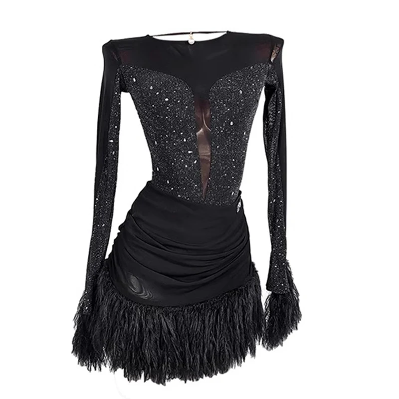 2025 New Latin Dance Competition Dress Women\'s Performance Tassel Ballroom Dress Long Sleeves Salsa  Clothes Rumba Practice Wear