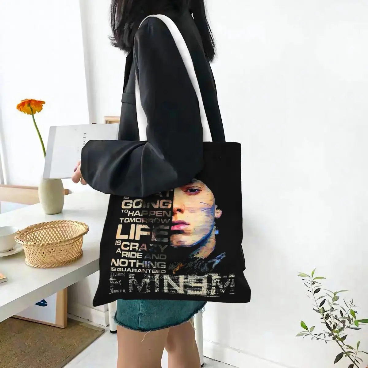 Eminem American Hip Hop Rapper Pop Music Shopping Bags Canvas The Tote Bag Folding for Ladies Shoulder Tote Travel Handbag