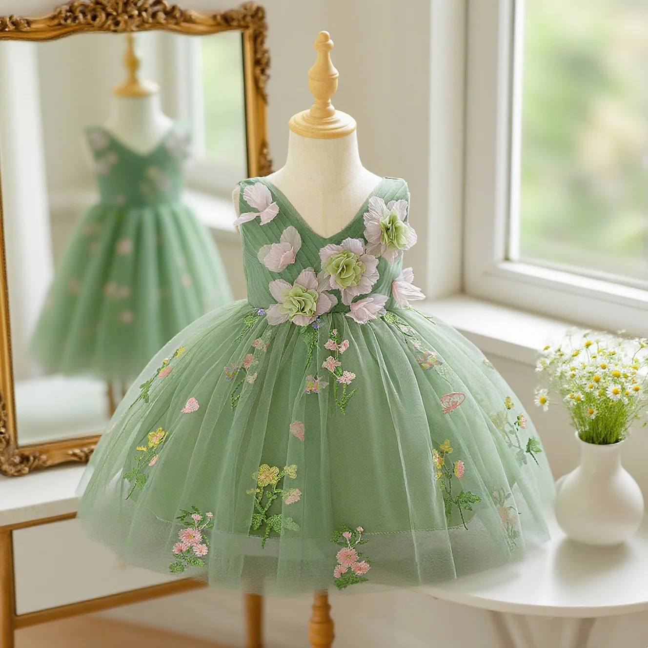 

182 Baby Girl Green Pretty Dress Flower Embroidery Sleeveless V Neck Design Elegant Dress