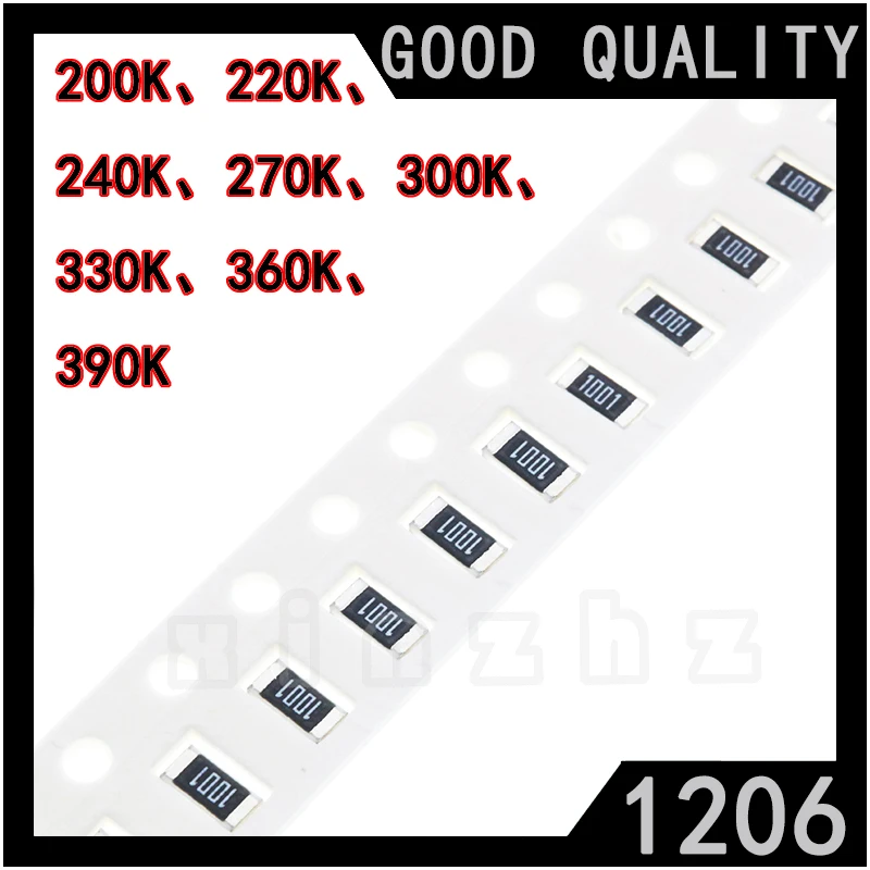 

100PCS SMD 1206 Chip Resistor 1% High Precision Chip Fixed Resistance 200KΩ 220KΩ 240KΩ 270KΩ 300KΩ 330KΩ 360KΩ 390KΩ