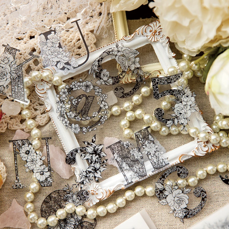 

Yoofun 52 шт./лот, винтажные креативные черно-белые 26 английских букв с цветами и цифрами, наклейки-планировщики для журнала, цветочные этикетки