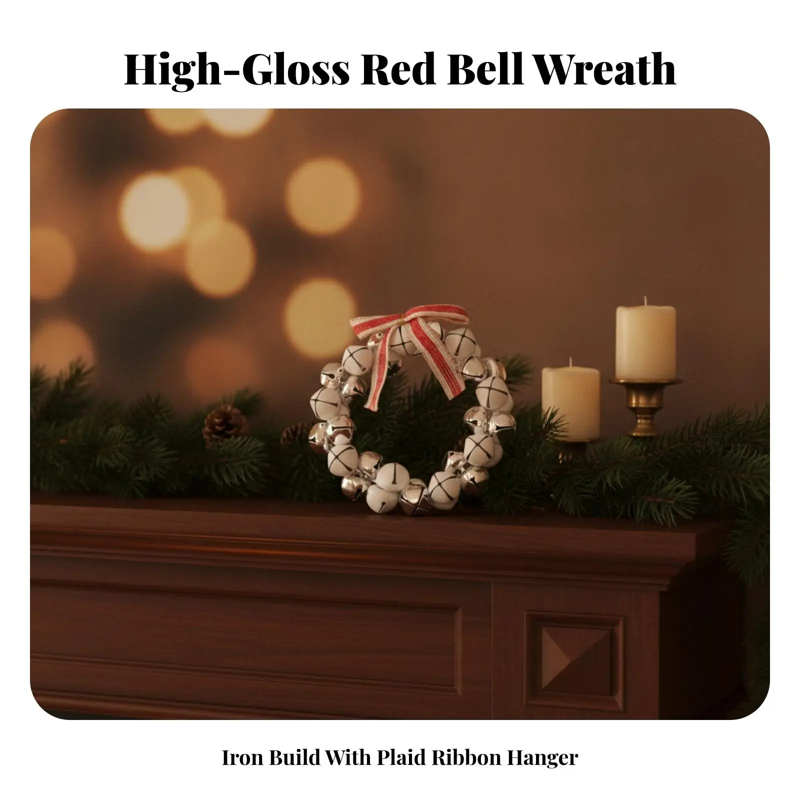 Christmas Bell Wreath Decor for Front Door Wall Iron Metal Ornament with Striped Ribbon Bow