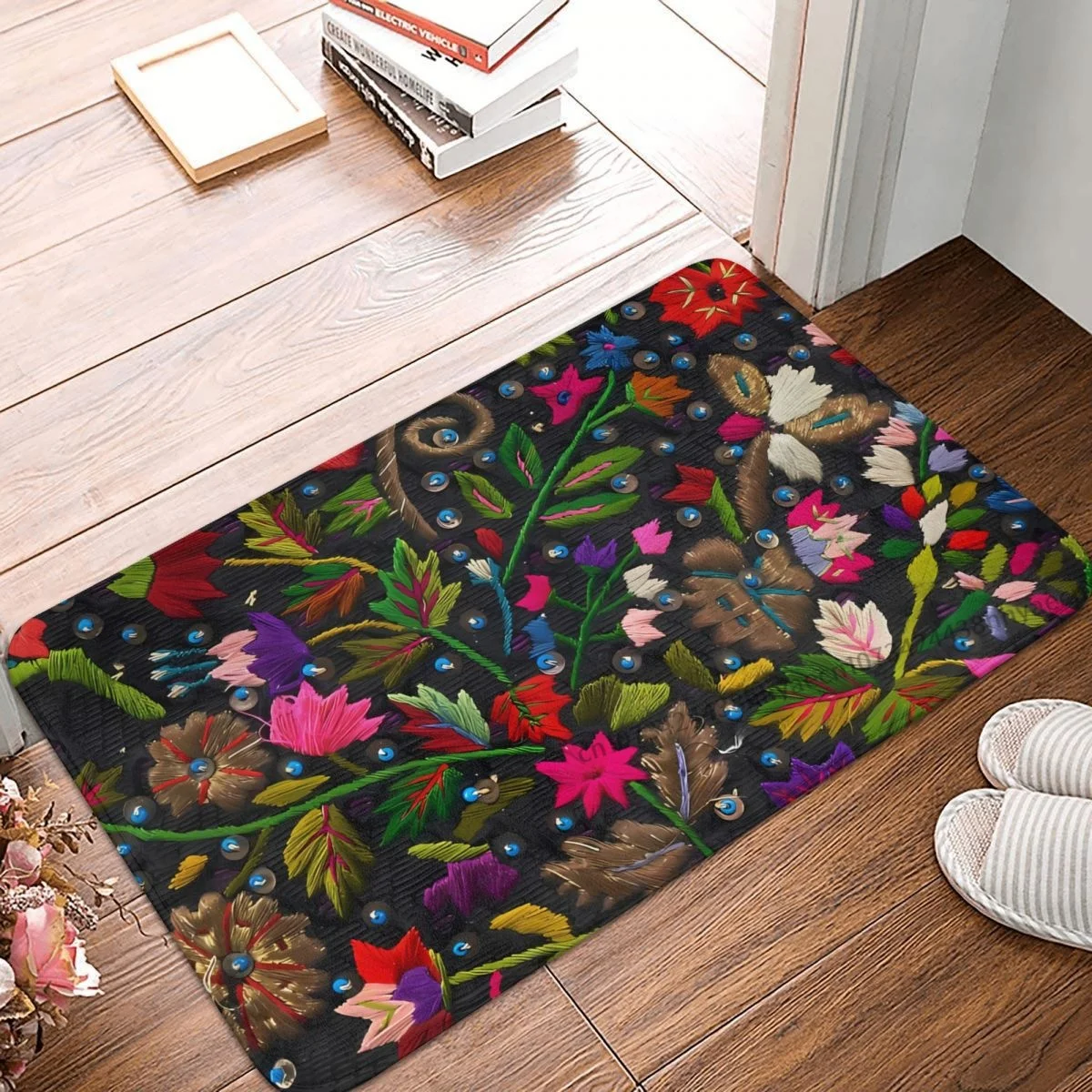 Mexican Portuguese Embroidered Flower Bathroom Non-Slip Carpet Vintage Floral Bedroom Mat Welcome Doormat Floor Decor Rug