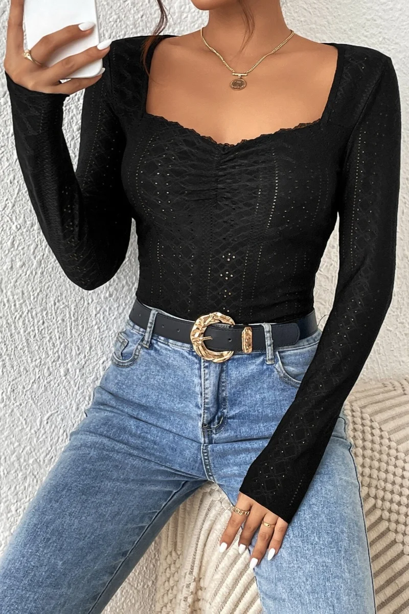 Hot Sale Basic models Women's Fashion Simple T-shirt Autumn/Winter Square neck Long Sleeve Lace trim Solid colour Tops