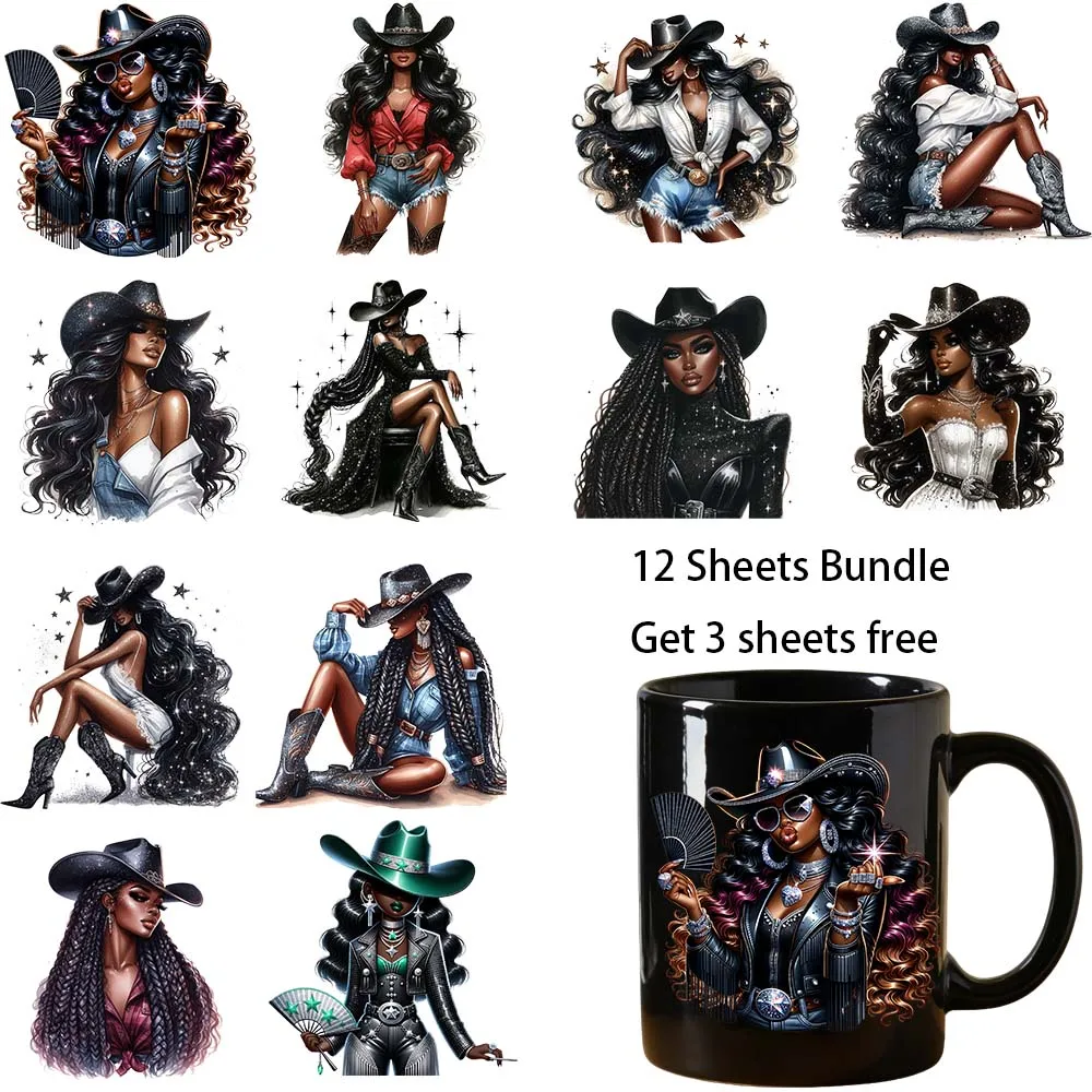 12 sheets bundle 4 inches Western cowgirl UV Sticker Party DIY Decals 3D transfers uvdtf tumbler stickers 16oz uv dtf cup wraps