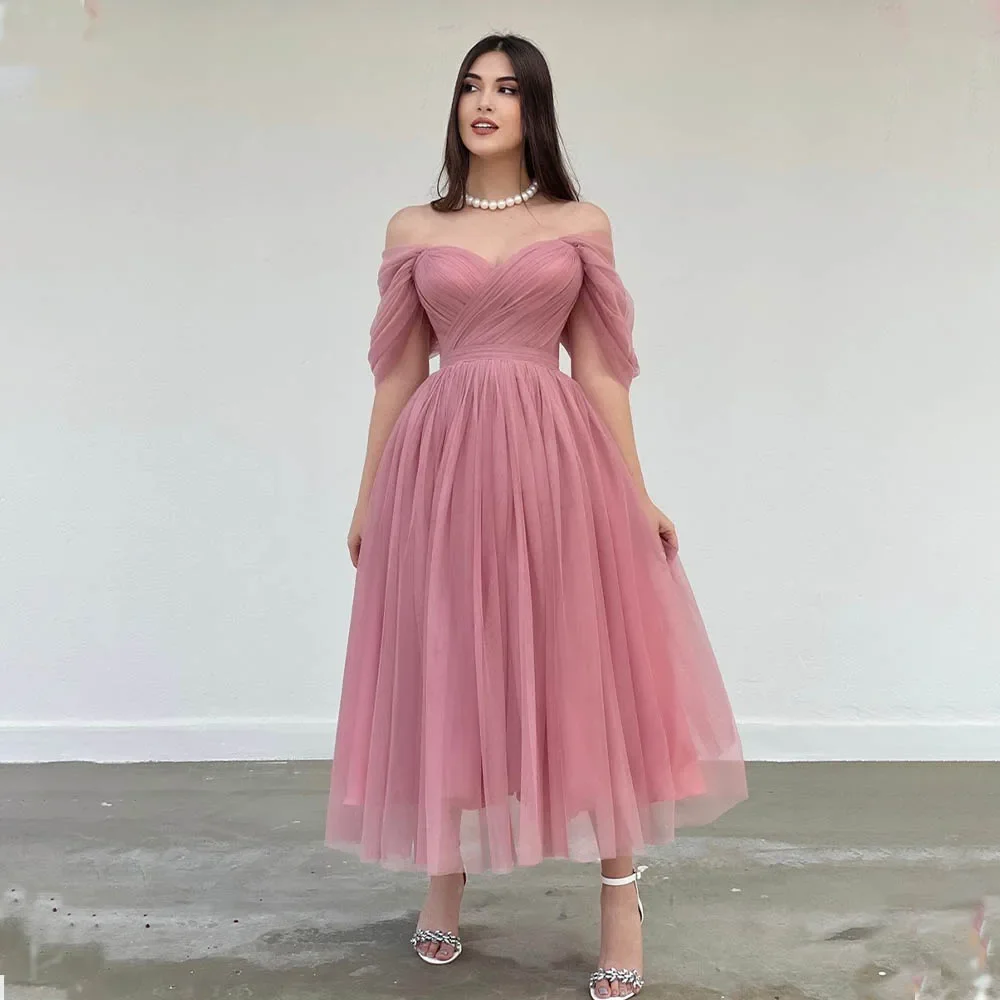 

Dusty Pink Prom Dresses Simple Off The Shoulder Pleat Ruch Sweetheart Chiffon A Line Formal Bridal Grown Homecoming Wear