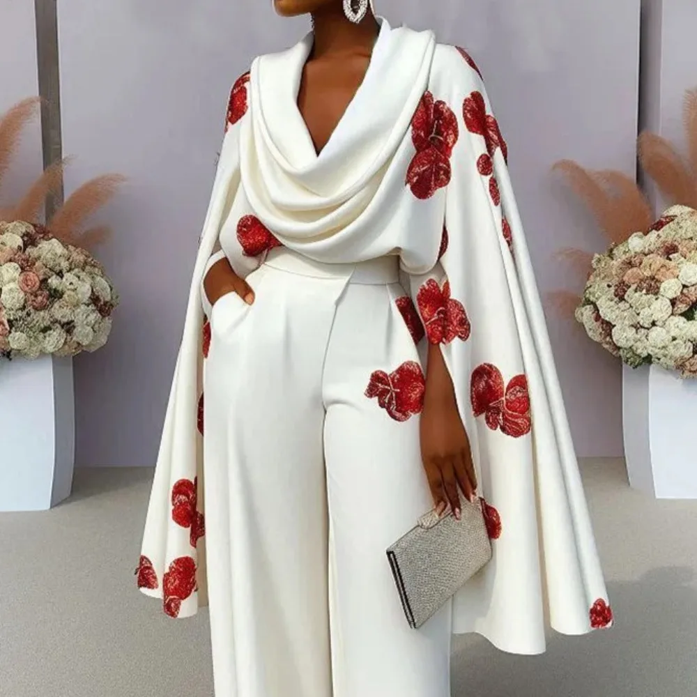 Blumendruck Zweiteiler Hosenanzug Drapierter Wasserfallausschnitt Cape-Ärmel Blazer-Top & Weite Hose mit Taschen Elegantes Formelles Damenset