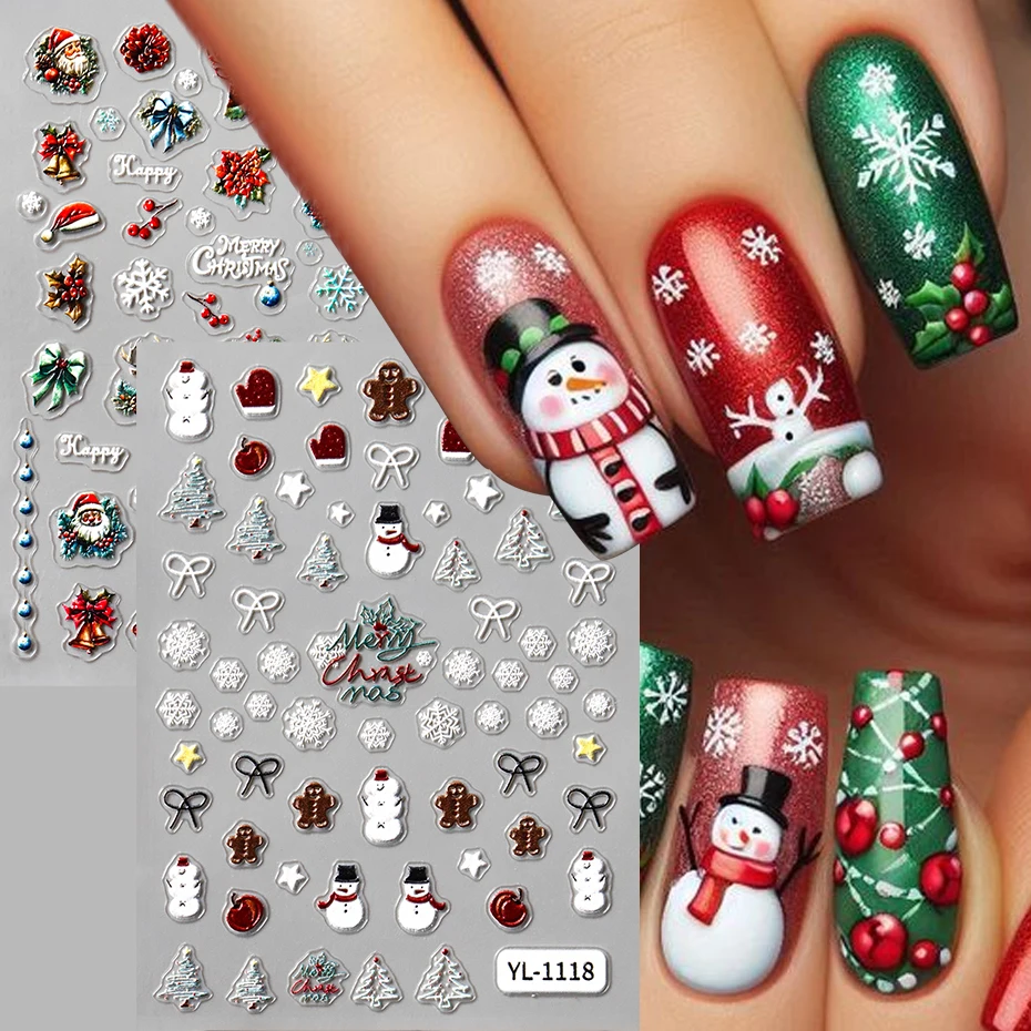 2 Stück 5D-geprägte süße Schneemann-Nagelschieber, Cartoon-Weihnachtsmann-Klebeaufkleber für Nägel, Winter, Weihnachten, festlicher Nageldesign-Zugang