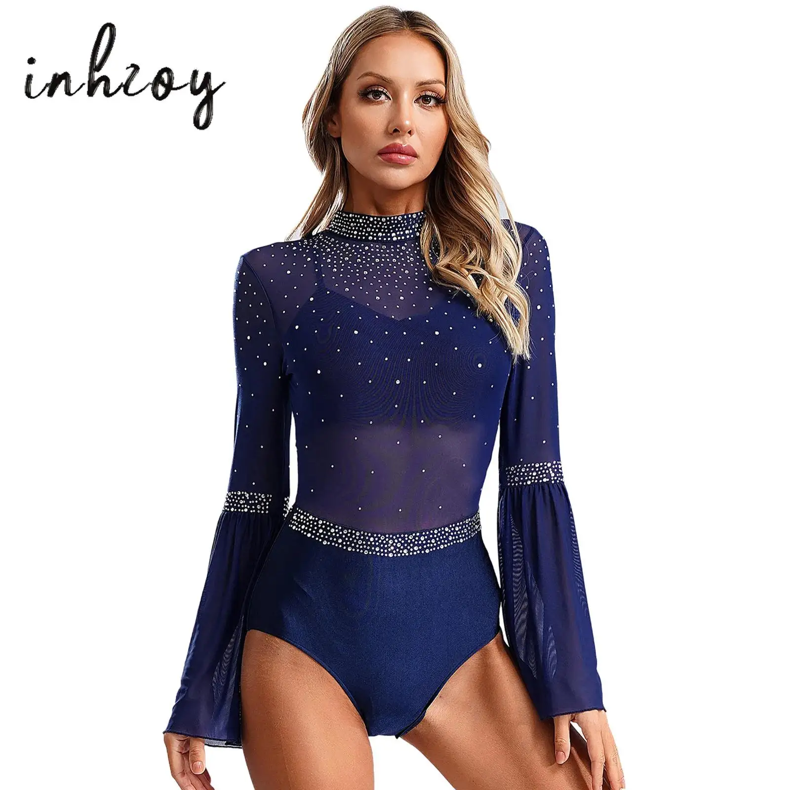Womens Flare Sleeve Figure Skating Costume Sparkly Rhinestone Sheer Mesh Rhythmic Gymnastics Bodysuit Dance Unitard Dancewear