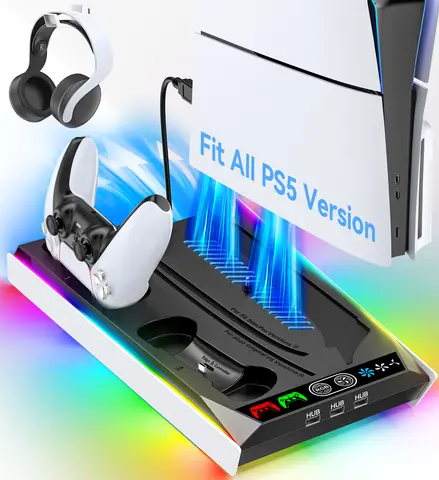 디스크 및 디지털 콘솔용 PS5, PS5 슬림, PS5 프로 스탠드, PS5 냉각 및 충전 스테이션, 3 단계 선풍기 PS5 컨트롤러 충전기 포함