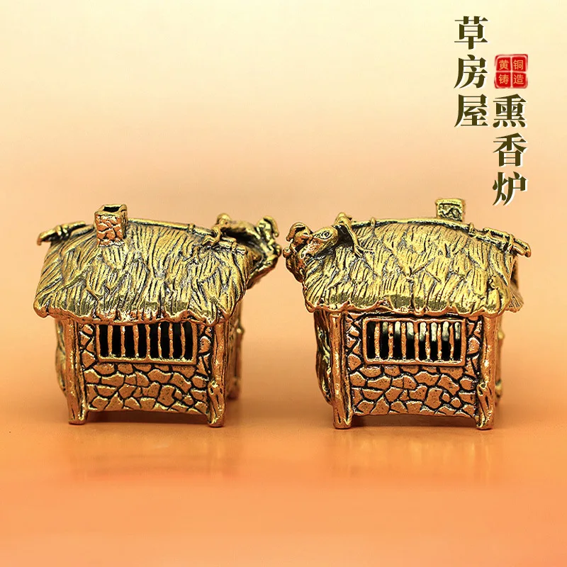 

Mini Thatched Cottage Retro Brass Classical Holder Burner Desk Ornaments Chinese Style Home Decor Crafts House Figurines Incense