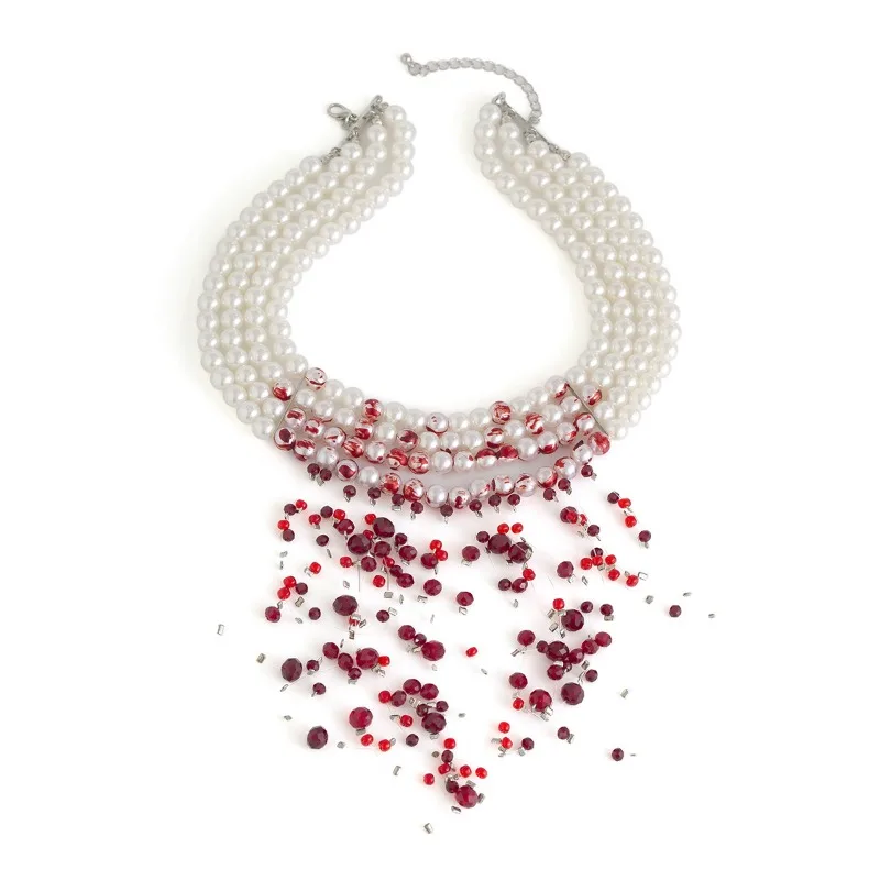 Halloween Jewelry Gothic Style Pearl Necklace Choker Halloween Blood Drop Tassel Crystal Collarbone Chain
