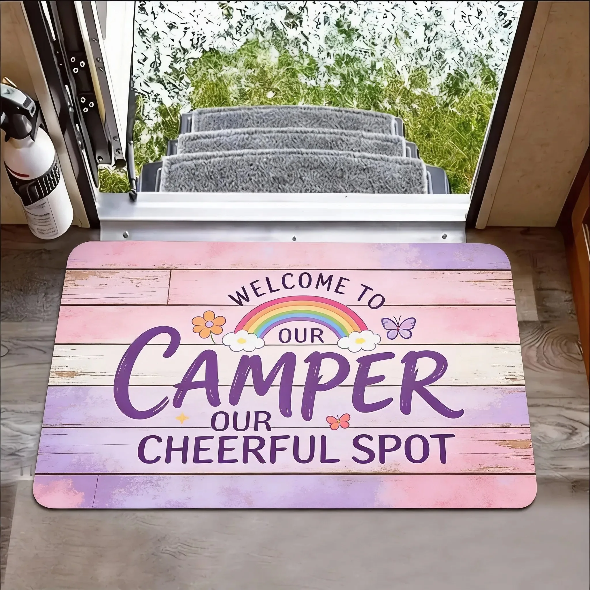 Welcome To Our Camper Our Happy Place RV Entrance Mat, Farmhouse Camping Decor for Caravan, Ideal Gift for RV Owners Welcome Mat