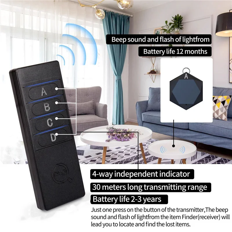 ABAC-Key Finder 433,92 Mhz Buscador de llaves Dispositivo antipérdida Pantalla de tira de luz LED Tiempo de espera ultralargo