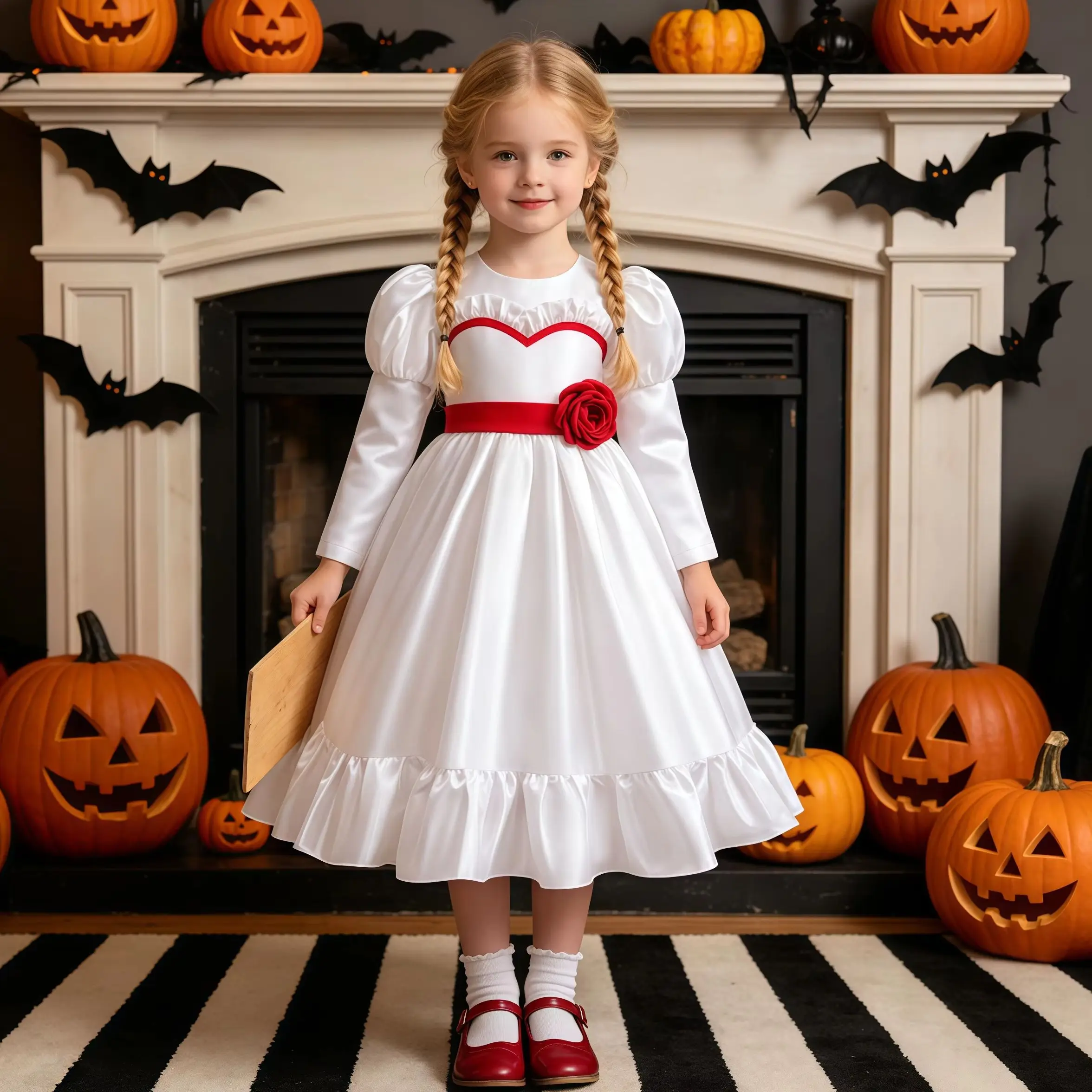 Horror Movie Ghost Bride Costume Kids Long White Dress With Rose For Girls Annabelle Cosplay Halloween Party Carnival Outfits