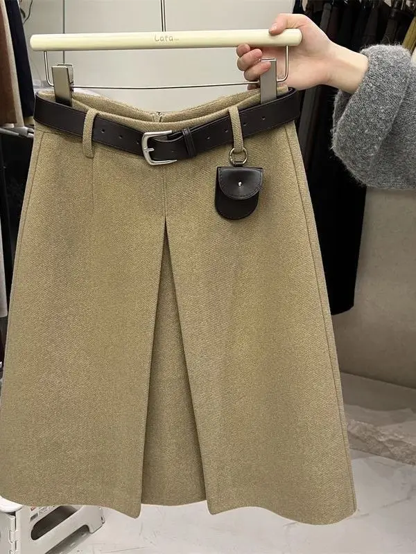 Simple Daily High Waist Pleated Knee-Length A-Line Skirt for Women Autumn Winter Khaki Color Ins Style Half-length Skirt