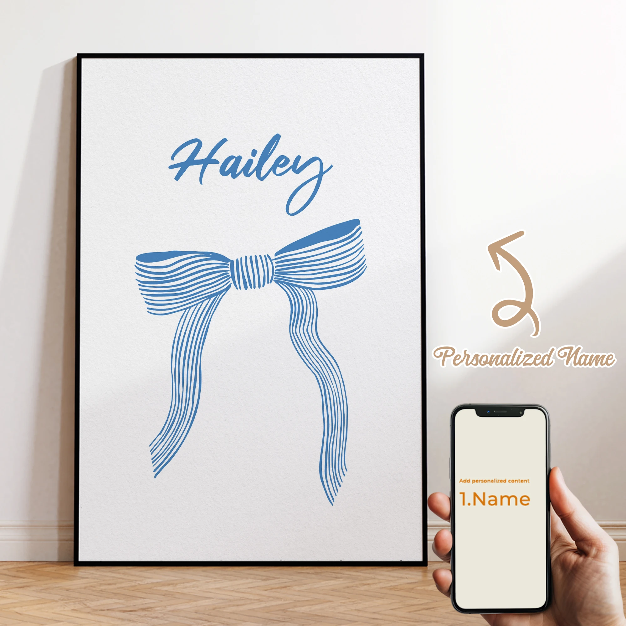 

Custom Personalized Name Blue Watercolor Bow Girl Gift Wall Art Canvas Print Picture Poster Living Room Kids Room Home Decor