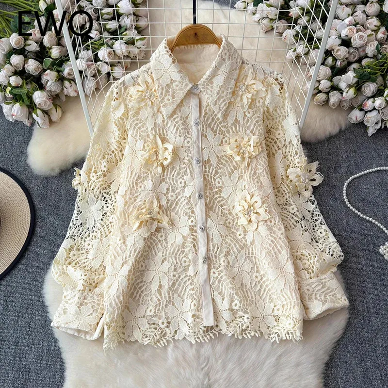 EWQ Casual Lace Flower Splice Hollow Out Shirt Women Lapel Collar Long Sleeve Solid Color Tops Clothing 2024 Summer New 27X469