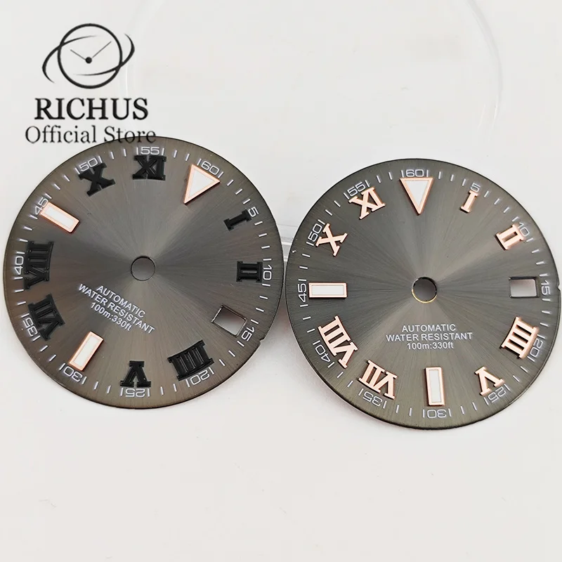 RICHUS 29mm Sterile Black White Gray Blue Roman Numeral Watch Dial Fit NH35 Movement Fit 3 O\'Clock Crown 3.8 O\'Clock Crown