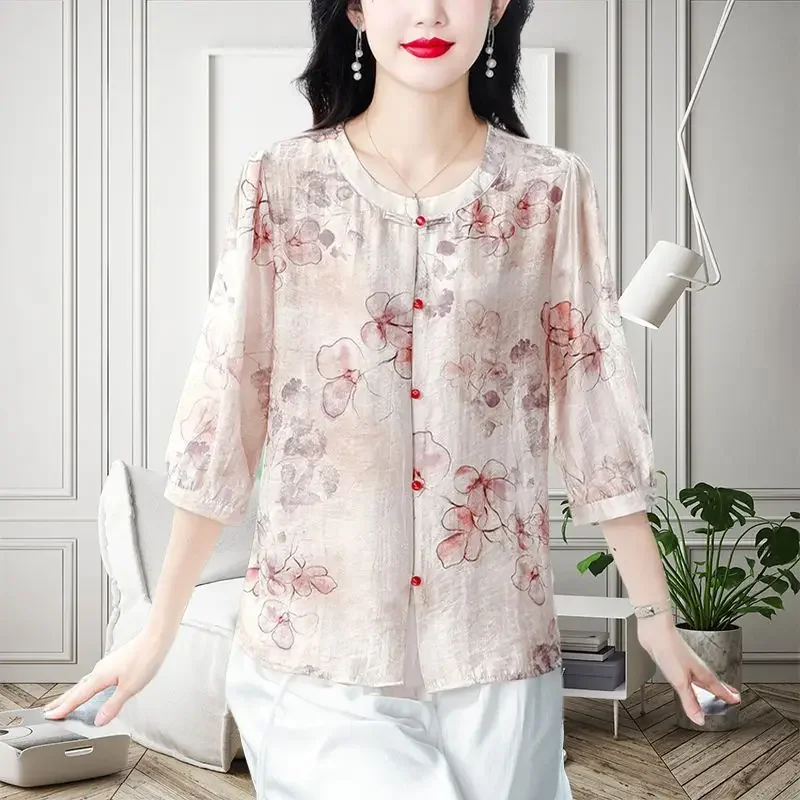 

Новая летняя одежда для мам в китайском стиле в национальном стиле с пятью рукавами и принтом XQ549