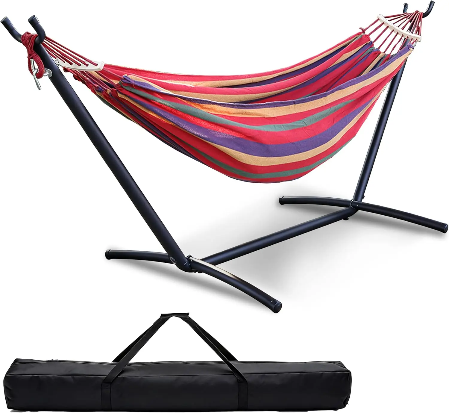 Double Hammock with Stand Included, 550lbs Heavy Duty - Curved Spreader Bars for Anti-Flip Safety- Premium Cotton Portable Hammo