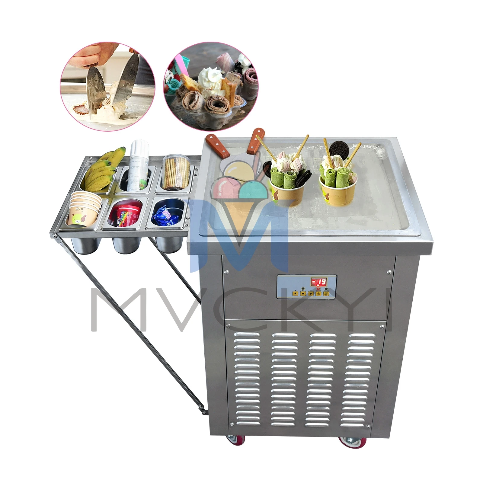 

Mvckyi USA DDP Accessory Compartment Single Square Pan 22 Inch Roll Ice Cream Machine Fried Gelato machine