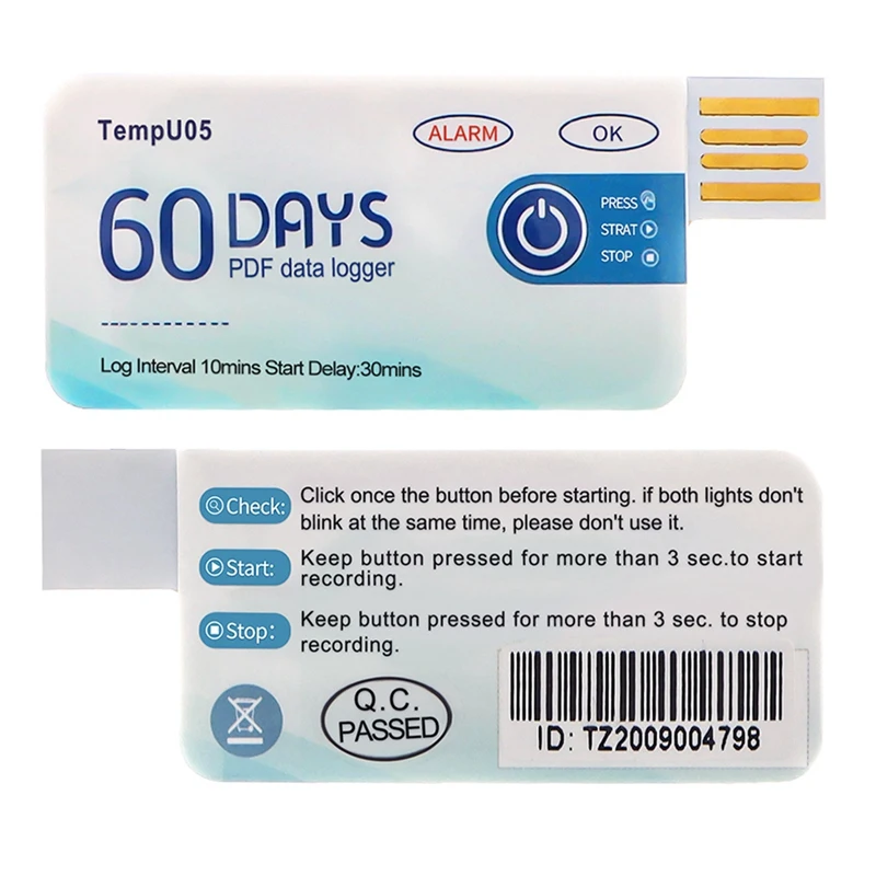 Tempu05 1Pcs Temperature Data Logger 60 Day Single Use Temperature Analyzer PDF Report USB Temperature Logger