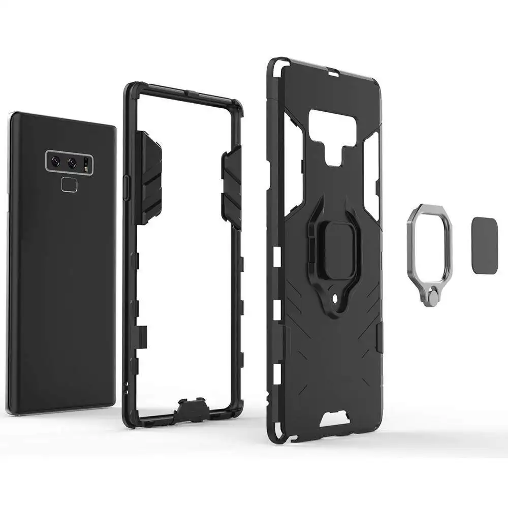 For Samsung Galaxy Note 9 Phone Case, Silicone TPU and Hard PC Luxury Armor Shockproof Metal Ring Holder Cover Casing