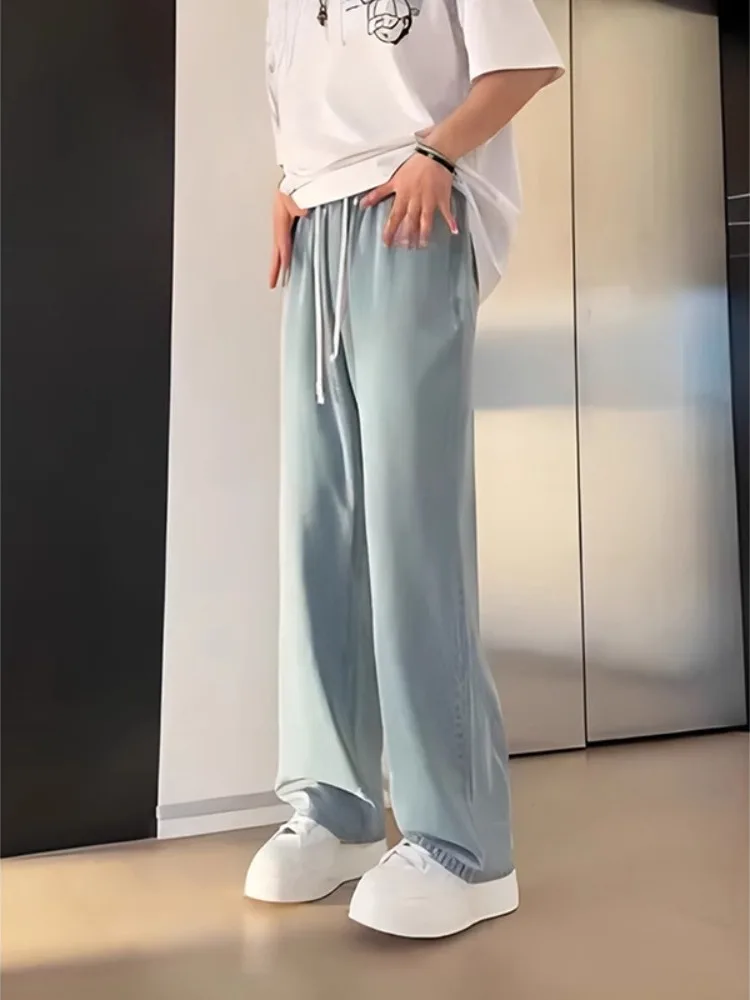 

Light Blue Ice Silk Straight Leg Jeans Men's Summer Thin Sle Drapey Wide Leg Long Pants Youthful Trendy Cotton Polyester Blend