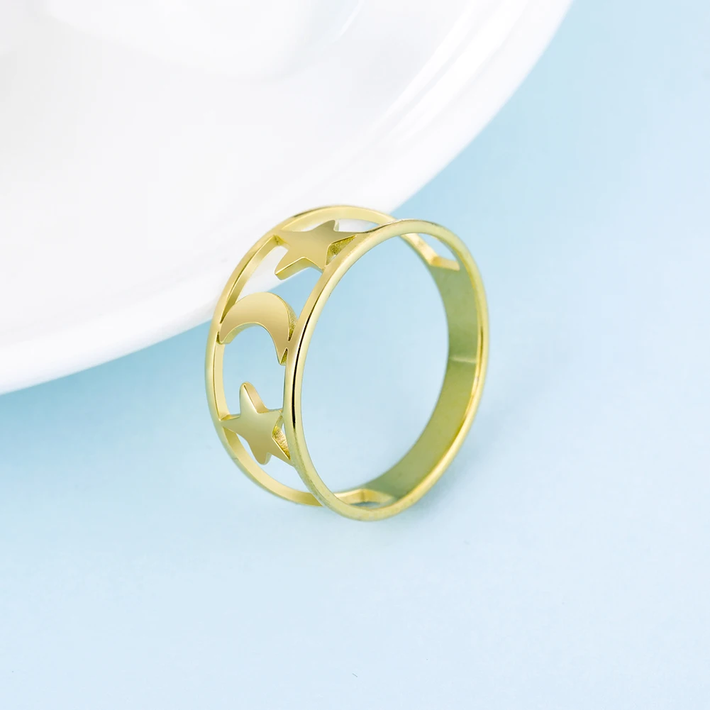 Kkjoy Fashion Simple Stainless Steel Gold Color Hollow Star Moon Finger Rings For Women Hot Selling Wedding Gift Wholesale image 4