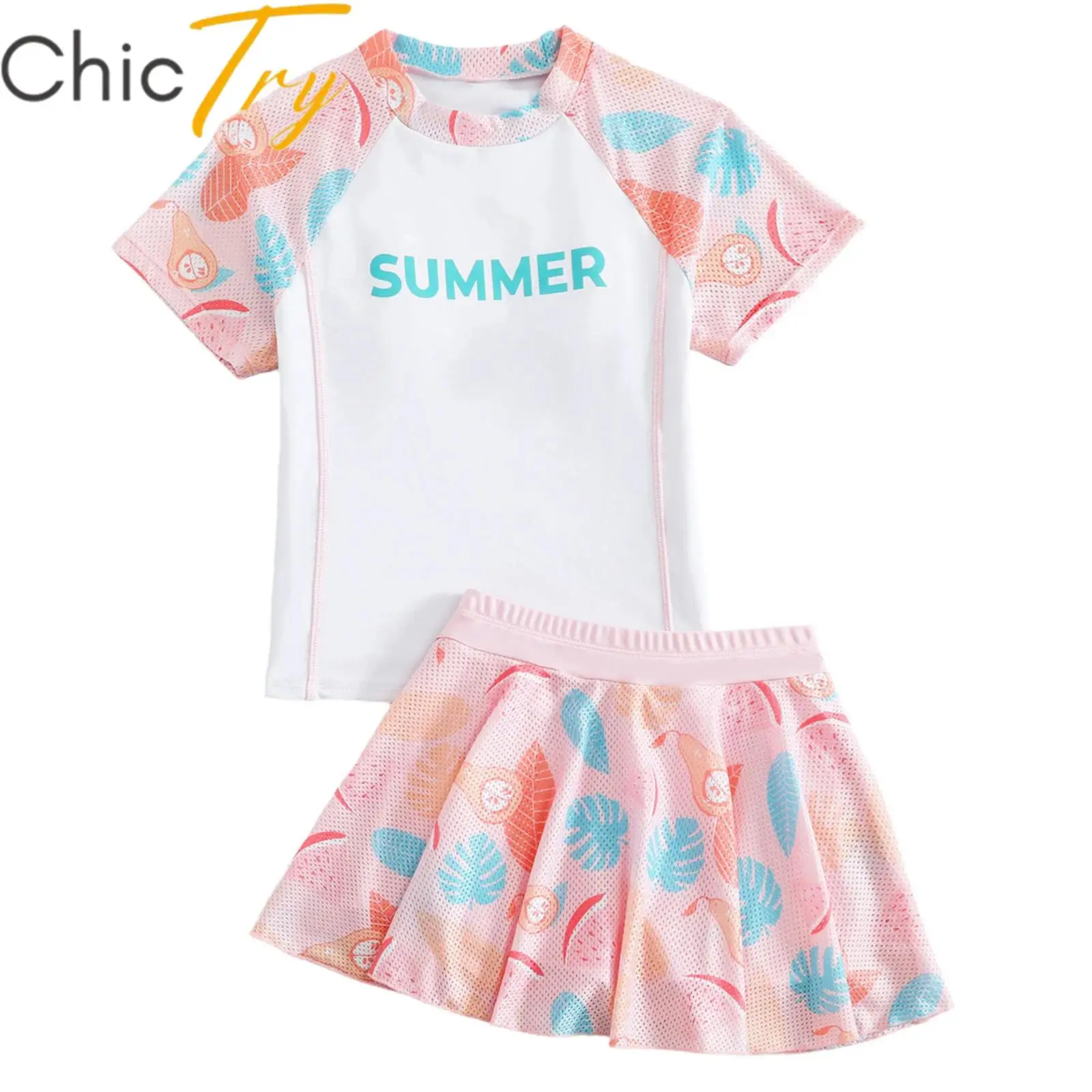 

Kids Girls Breathable Swimsuit Two-piece Set Short Sleeve Round Collar Letter Printed Tops with Elastic Waistband Skirt Sets