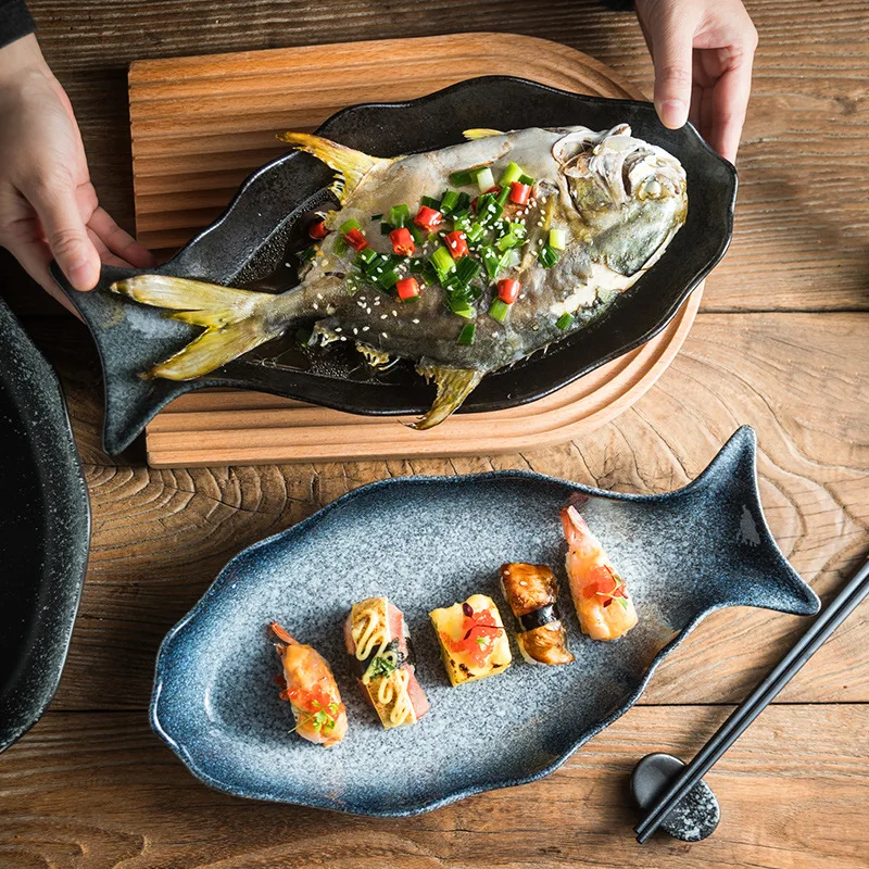 1PC Japanese Creative Fish Shaped Ceramic Steaming Plate Large Capacity Household Dinnerware Kitchen Tableware