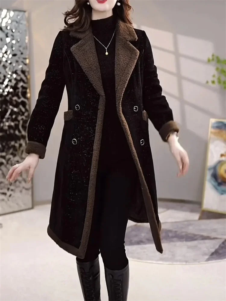 Add Velvet Padded Woolen Jacket Lady 2024 Autumn Winter New Slim Cover Belly Double-breasted Warm Lamb Plush Woolen Coat Woman