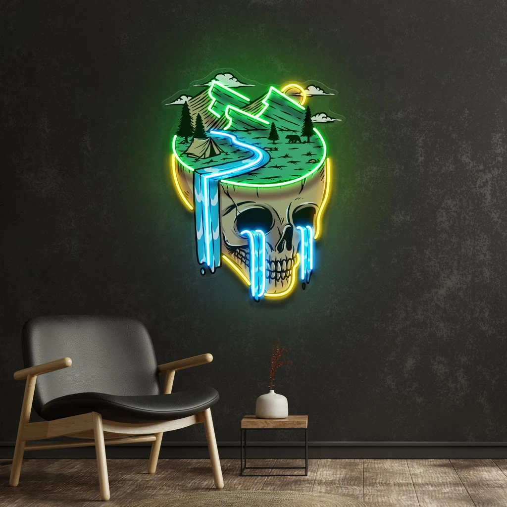 Mountain View Skull Neon Sign UV Print Mountain Landscape Neon Pop Art Gifts for Family Office Decor Aesthetic Wall Art