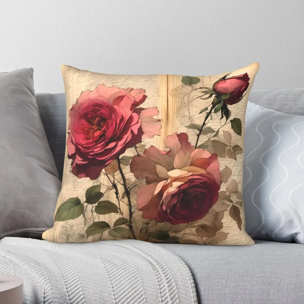 

Rose On Old Paper Pillowcase Polyester Linen Velvet Creative Zip Decor Throw Pillow Case Home Cushion Cover