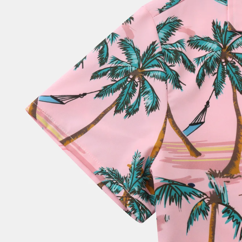 Camisas de festa de praia de verão cor-de-rosa dos homens casual manga curta botão para baixo havaiano floral camisa