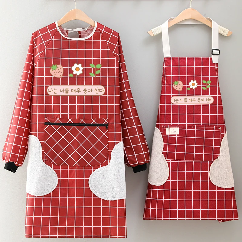 Long-sleeved waterproof and oil-proof apron Korean version of fashion large adult smock kitchen home cute women's work clothes