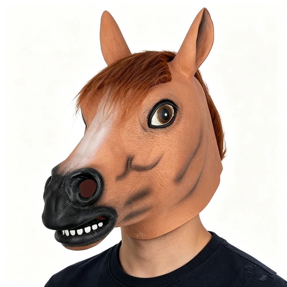Pferdekopfmaske für Erwachsene, braune Pferdekopf-Latex-Tiermaske, neuartiges Halloween-Kostüm für Maskenball-Party. – Detail 1