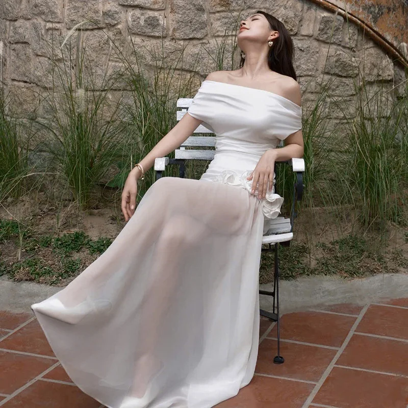 DSMTRC 메쉬 쉬어 화이트 레이스 패치 워크 우아한 슬래시 넥 가운 파티 드레스 여성용 여름 프릴 폴드 민소매 맥시 드레스