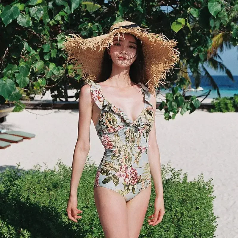 

Sexy Floral Print One-Piece Swimsuit Korean Style Women's Thermal Spring Bathing Suit Feminine Gathered Fairy Look